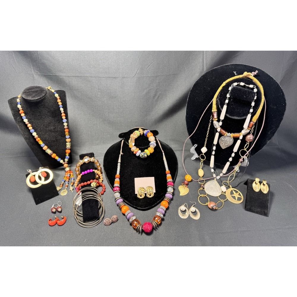 Jewelry Lot 17 + pc Statement Chunky Gold Copper & Earth Tone Bead Enamel Stones